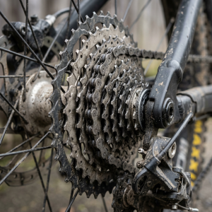 Dirty mountain bike cassette and derailleur with chain